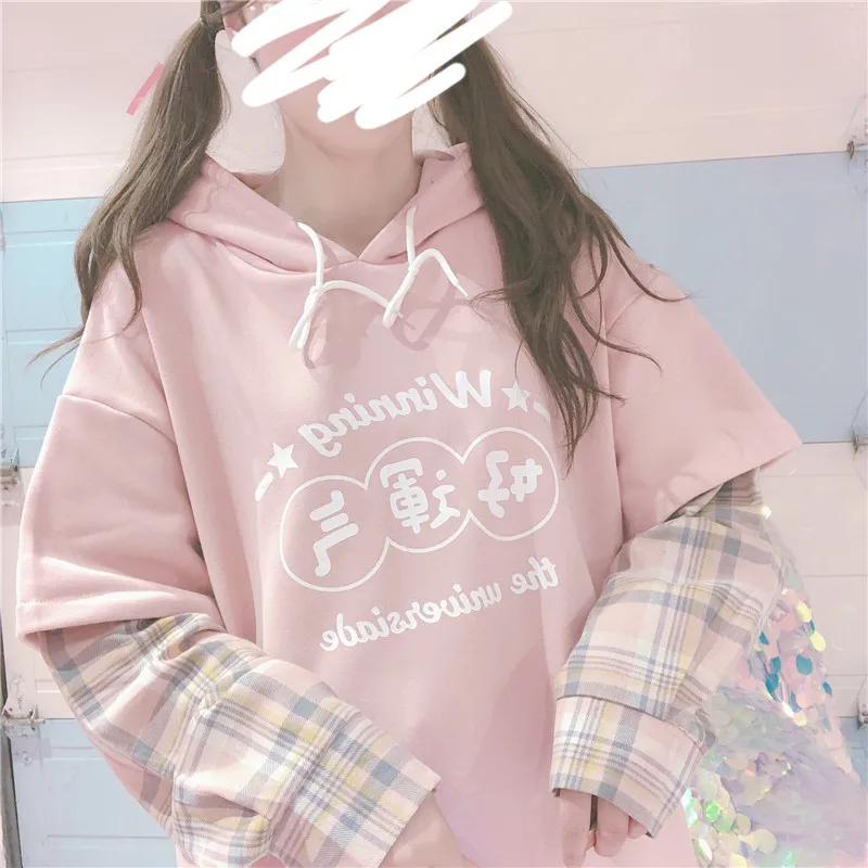 Японские Женские толстовки Харадзюку осень Kawaii милые поддельные из двух частей с капюшоном цвет совпадающий пуловер для девочек студенческий свитер корейский
