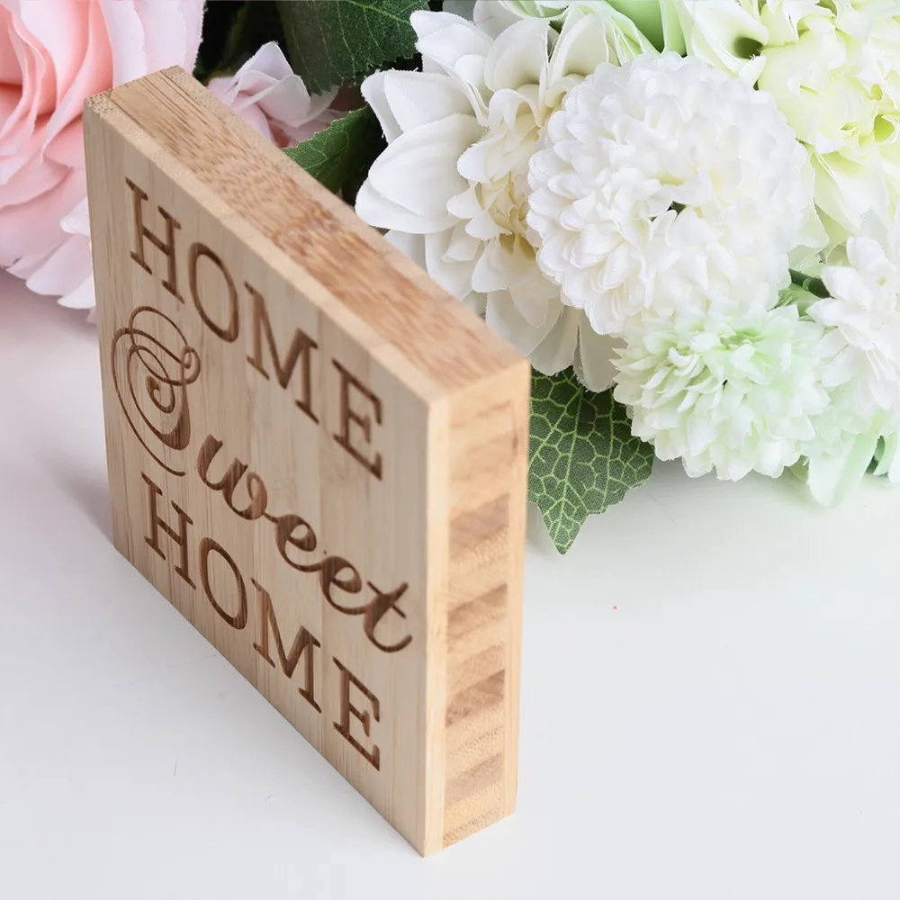 10x10x2cm Home Decorations Bamboo Decoeative Tabletop Ornaments Bamboo Crafts Art Letter Pattern Wooden Doorplate
