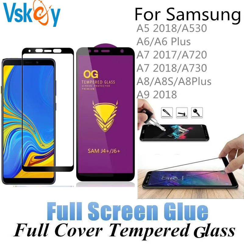 VSKEY 10 шт. Полный Клей закаленное стекло для samsung Galaxy A6 A8 Plus A8S A9 A7 A7 полное покрытие Защитная пленка для экрана