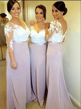 

Glamorous Lilac A Line White Lace Bodice Maid Of Honor Dresses Long With 3/4 Sleeves Bridesmaid Gowns V Neck Back Out