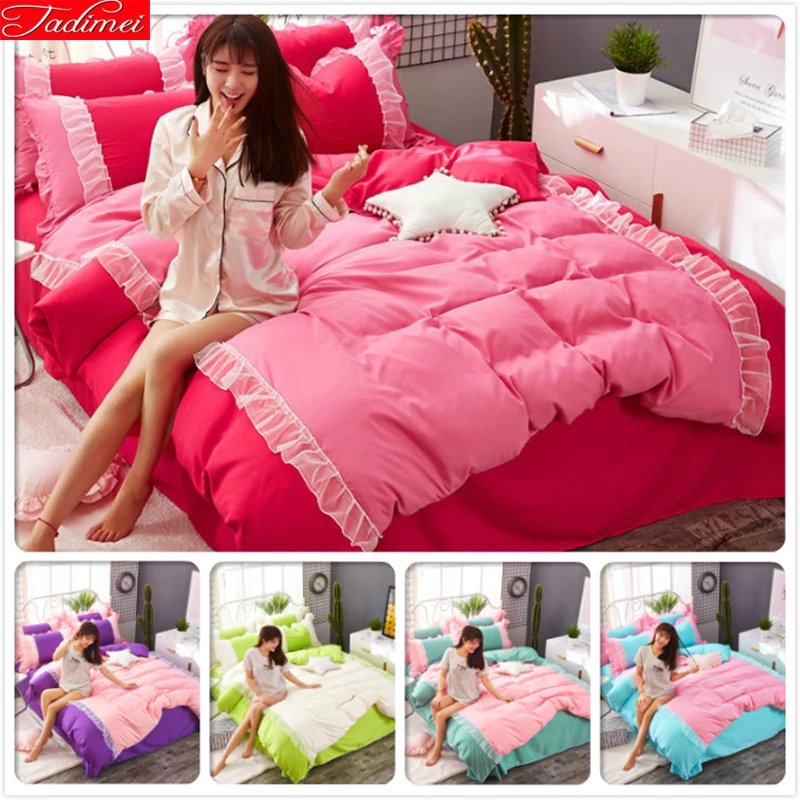 

Red Pink Lace Ruffled Bed Linens Princess Soft Cotton 3pcs/4pcs Bedding Sets Girls Bedclothes Single Twin Queen Size Duvet Cover