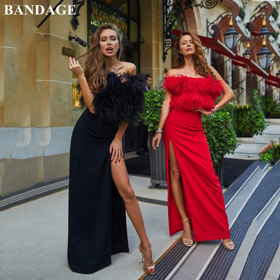 BANDAGE Nieuwe Winter Vrouwen Bandage Jurk Maxi Vestidos Zwart Rood Veren Strapless Bodycon Celebrity Kerstavond Party Dress