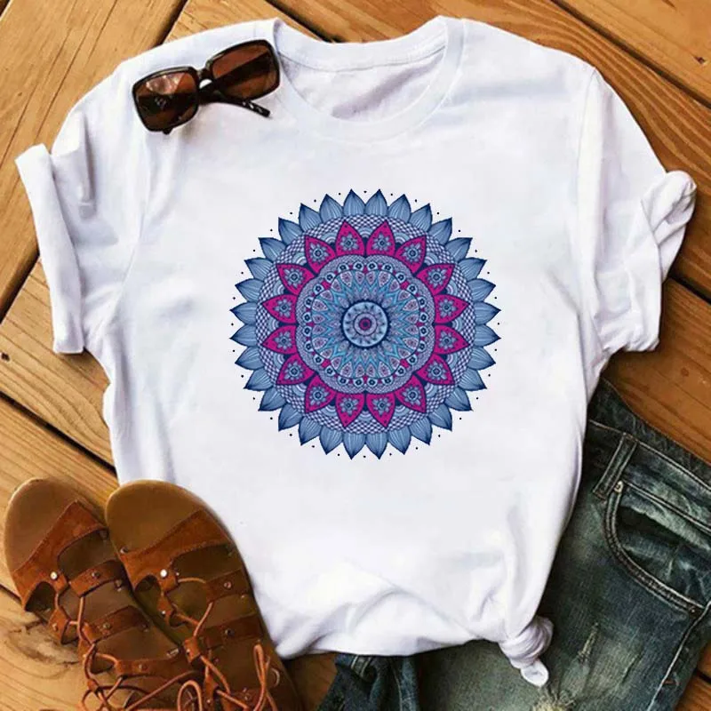 Maycaur New Mandala Floral Printed T Shirt Women Casual Fashion T-shirt Loose Short Sleeve 90s Girls Aesthetics Black Tshirt Top cheap graphic tees Tees