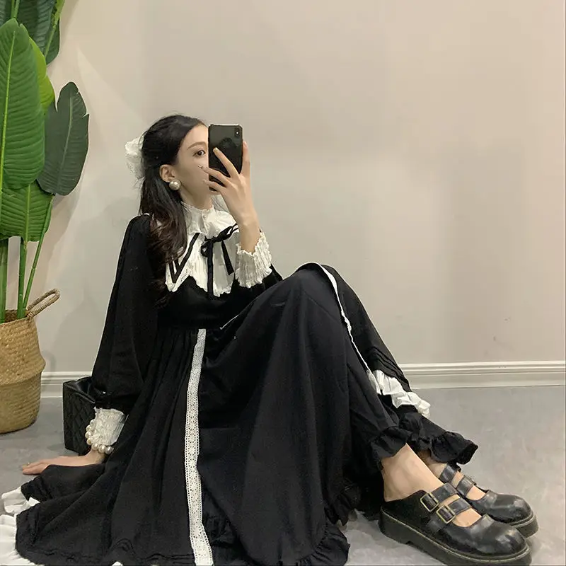 Gothic Lolita Retro Hepburn style little black dress navy collar ruffled dress long sleeve princess kawaii lolita dress,lolita suspender dress,lolita cosplay costumes,suspender dress,lolita skirt,lolita blouses