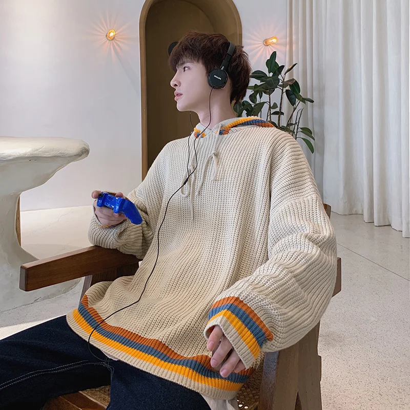 Winter Hooded Sweater Men Warm Fashion Contrast Color Casual Knit Sweaters Men Loose Long-sleeved Pullover Male Sweter Clothes