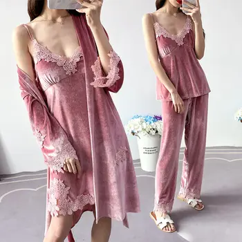 

Women's Spring Autumn Sexy Pajamas Sets Three-pieces Female Lace Nightwear New Design Nighties Hot Sell Ladies Night Clothes