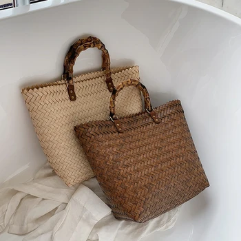 

Casual Rattan Woven Women Handbags Bamboo Handle Wicker Ladies Hand Bags Large Capacity Summer Beach Straw Womens's Bag 2020 Sac