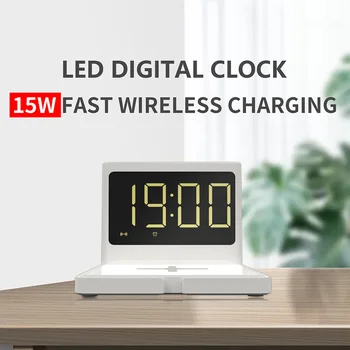 

LED Electric Alarm Clock Digital 3In1 15W Multifunction Night Light Clock with Mobile Phone Wireless Charger Home Office Supplie