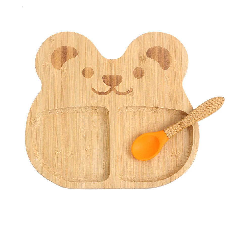 BearOrange Креативная силиконовая присоска, детская тарелка для кормления, Бамбуковая детская посуда, детская миска, миска для кормления ребенка с присоской - Цвет: BearOrange