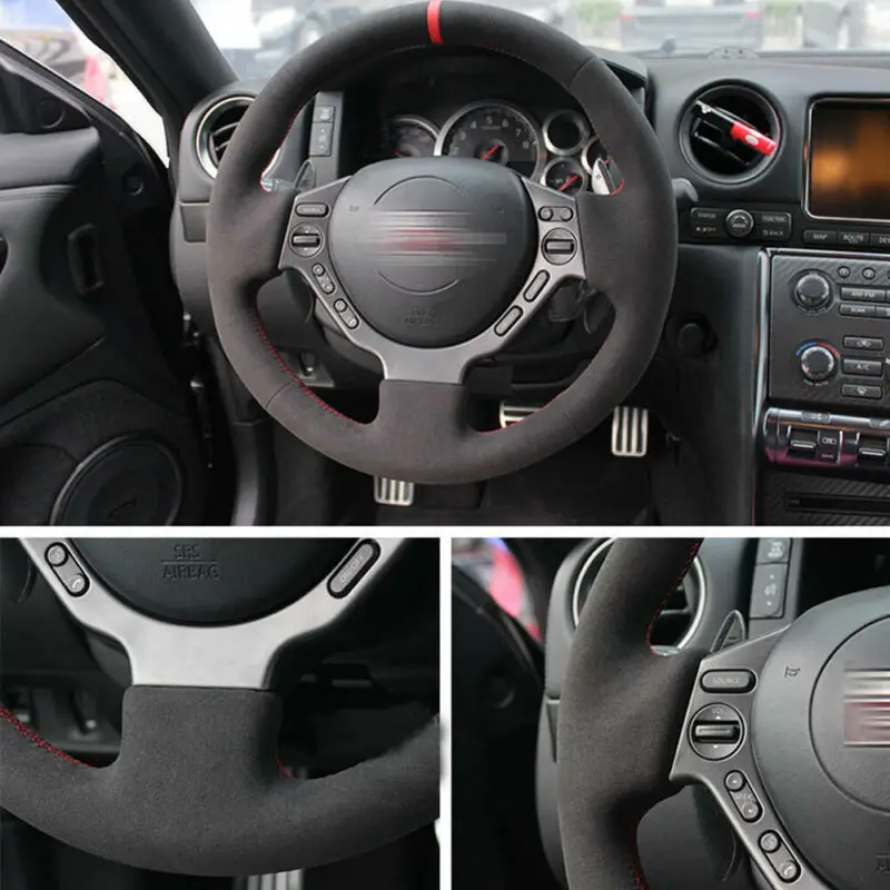 

Car Steering Wheel Cover Custom Made Anti-Slip Hand-Sewing Black Suede Leather DIY for Nissan GTR R35 GT-R 2009-2019