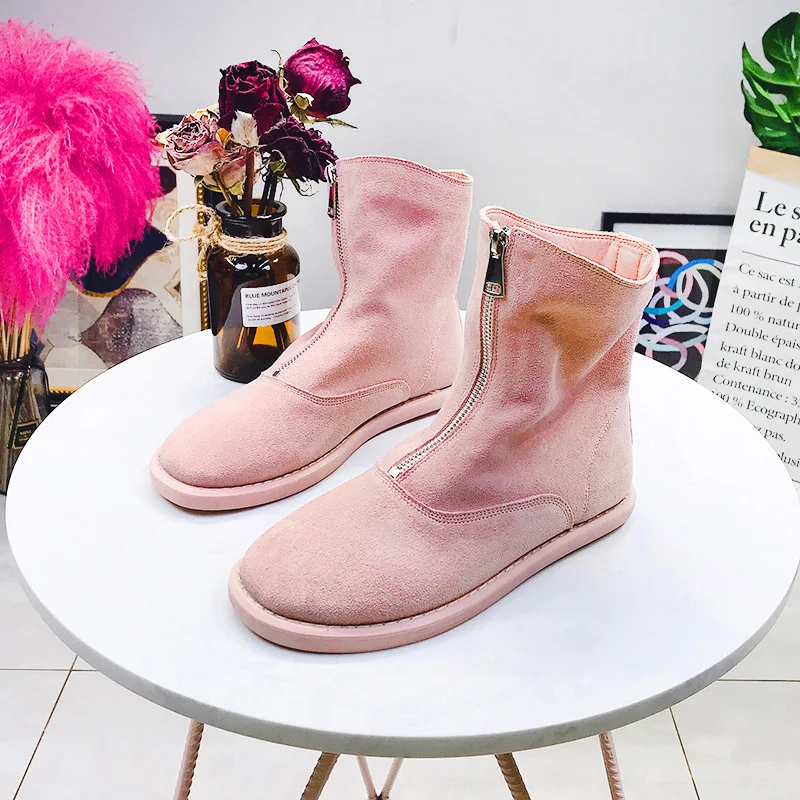 

Women's Mid-Calf Boot 2019 Spring Autumn Candy Color Genuine Leather Boots Female Flat Shoes Fashion Zip Woman Autumn Boot