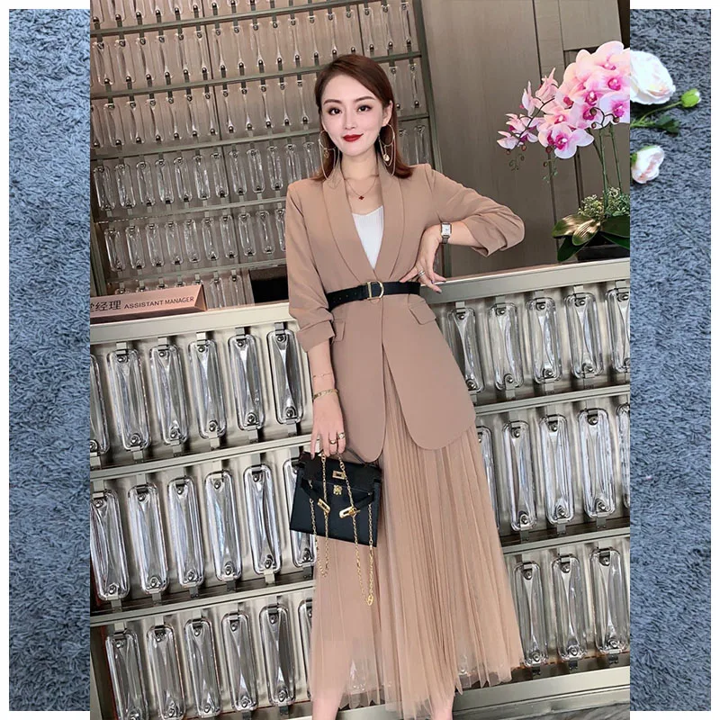 

2023 Plus Size Women's Suit Blazer Dress Long Jacket Mesh Dresses Two Piece Set With Belt Elegant Women Winter Coat Dress Sets