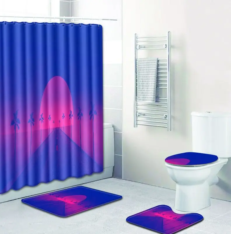 Zeegle Printed 4Pcs Non Slip Bathroom Rug Set Waterproof Shower Curtain with Hooks Modern Bath Mat Pedestal Rug Lid Toilet Cover