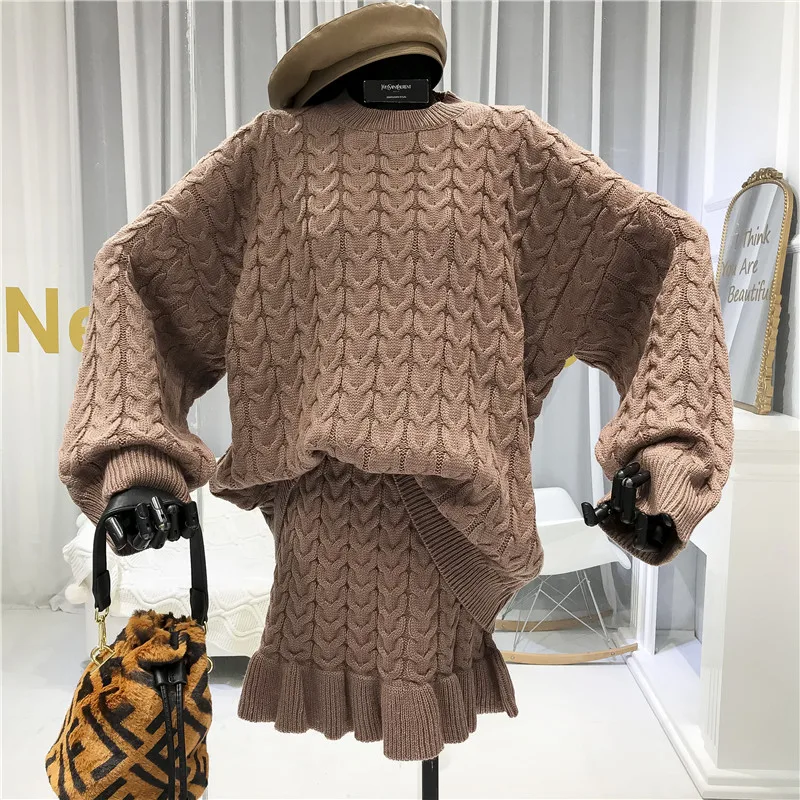ALPHALMODA вязаный женский костюм зима твист большой свободный свитер Мини юбка 2 шт. повседневный комплект с пуговицами сзади милый женский костюм