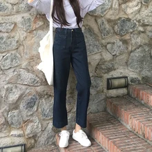 Женские винтажные синие джинсы для мамы, прямые джинсы, классические женские штаны, джинсы с высокой талией, женские джинсы, базовые потертые джинсы