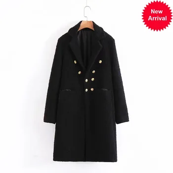 

Double Women Fashion Breasted Tweed Dress Style Jackets Elegant Ladies Turn Down Collar Long Sleeve Coats