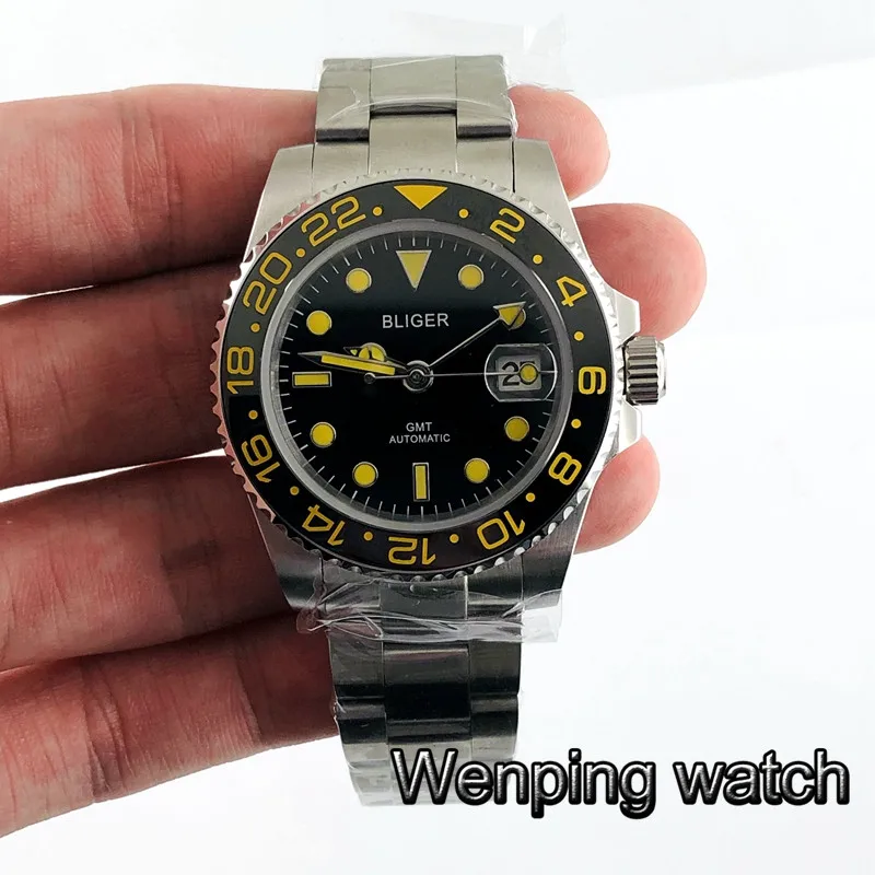 

40mm Bliger Sapphire Glass Ceramic Bezel Black Dial Luminous Hands GMT Date Window Automatic Men's top luxury mechanical Watch