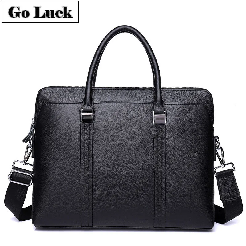 

GO-LUCK Black Genuine Leather Top-handle 14' Computer Laptop Briefcase Handbag Tote Men Crossbody Shoulder Bag Messenger Bags
