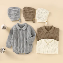 Ensemble deux pièces pour nouveau né, automne/hiver, col à revers, pull tricoté ajouré, barboteuse à manches longues, combinaison + bonnet, vêtements d'hiver pour bébé, 2021 