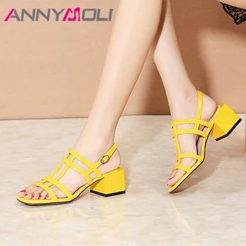 

ANNYMOLI High Heels Women Sandals Natural Sheepskin Leather Thick High Heels Narrow Band Square Toe Buckle Strap Shoes Lady 39