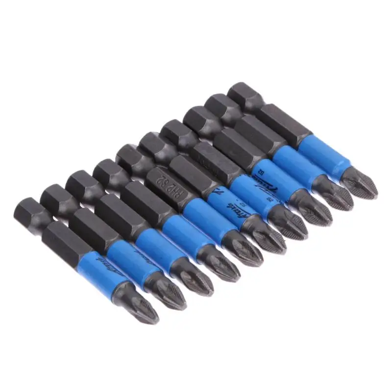 

10pc Anti Slip Electric Screwdriver Bits 1/4 Hex Shank Ph2 50mm Single Side