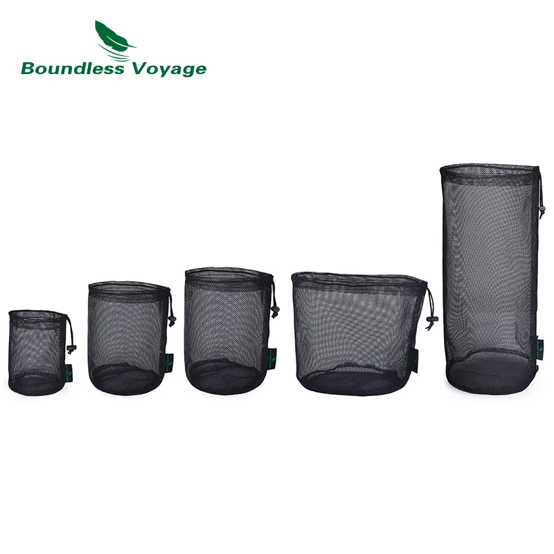 Boundless Voyage 5pcs Black Nylon Mesh Bag Gym Drawstring Net Bag Travel Stuff Sack for Cookware Outdoor Tools Storage Ditty Bag