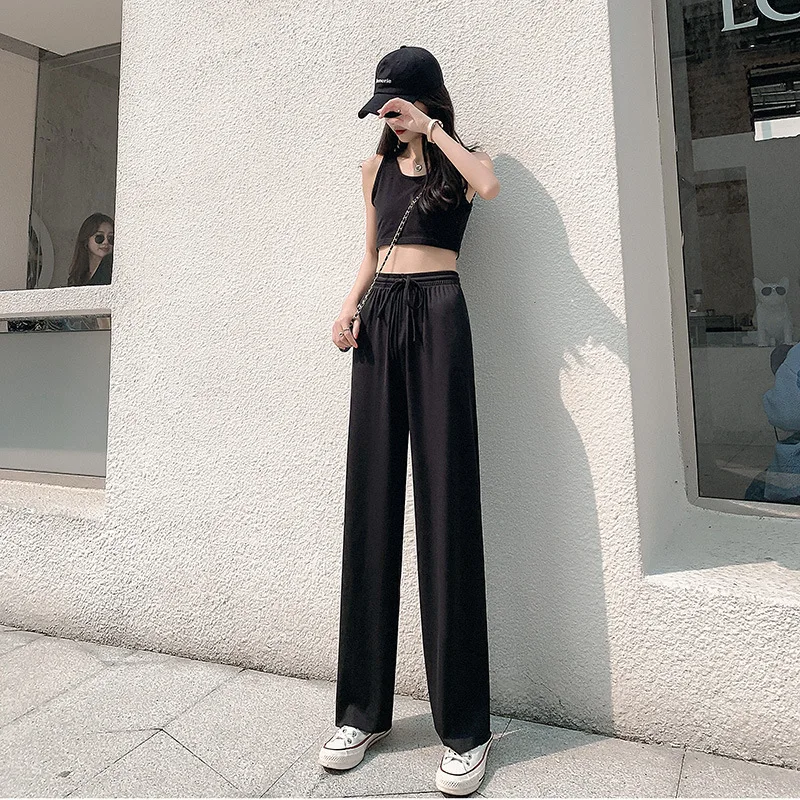 2023 Loose Ice Silk Wide-Leg Pants Women'S High Waist Black New Summer Thin  Casual Nine-Point Pants Straight Autumn Trousers