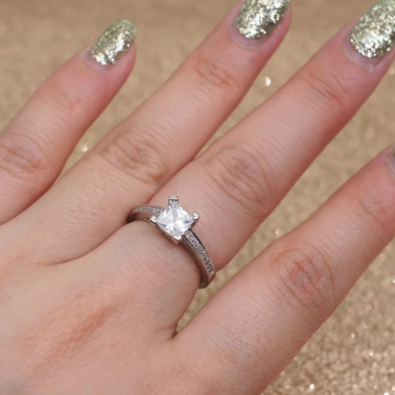 Простое квадратное Ювелирное кольцо принцесса огранка 1ct фианит AAAAA серебряный цвет обручальное кольцо для женщин