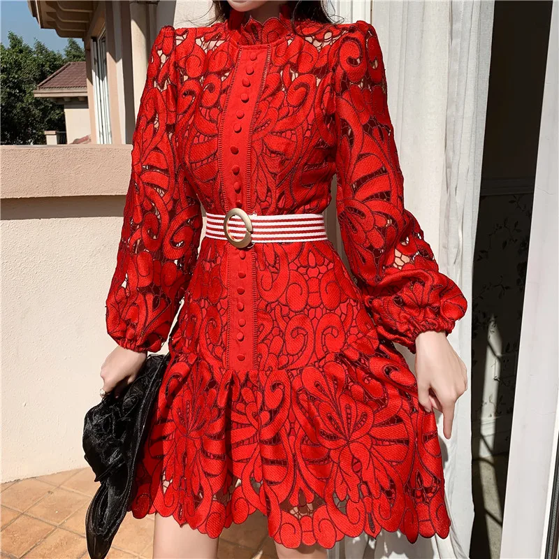 

Banulin Embroidery Lace Hollow Out Ruffles Short Dress 2020 Spring Autumn Long Sleeve Single Breasted Mini Belt Dress robe femme