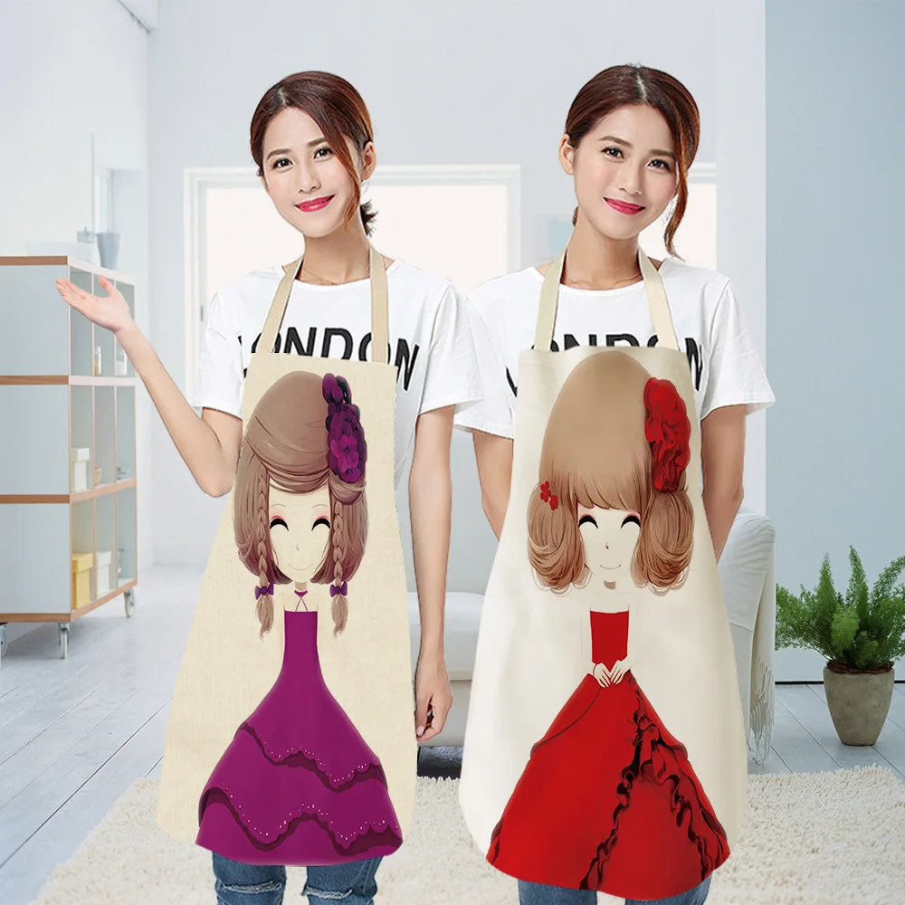 Little Girls Aprons Cotton Linen Lovely Girl Printed Kitchen Aprons for Women Home Cooking Baking Waist Bib Pinafore