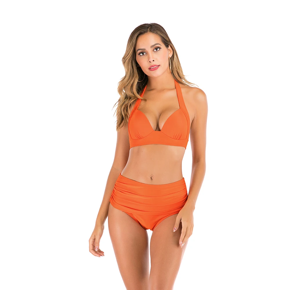 

2020 Bikini Women Swimwear Plus Size Two-piece Solid Biquini Sexy High waist Swimsuit vintage Floral Female Open-Back Swimsuit