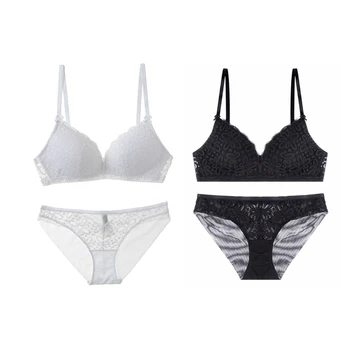 

Lace Triple-cornered Cup Bra Sets For Women Wireless Thin Nylon Breathable Comfortable Underwear Solid Color Lingerie Set