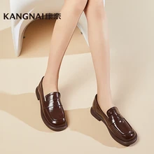 KANGNAI Loafers Women Leather Shoes Round Toe Lolita Penny Shoes Retro Slip-On Ladies Flats
