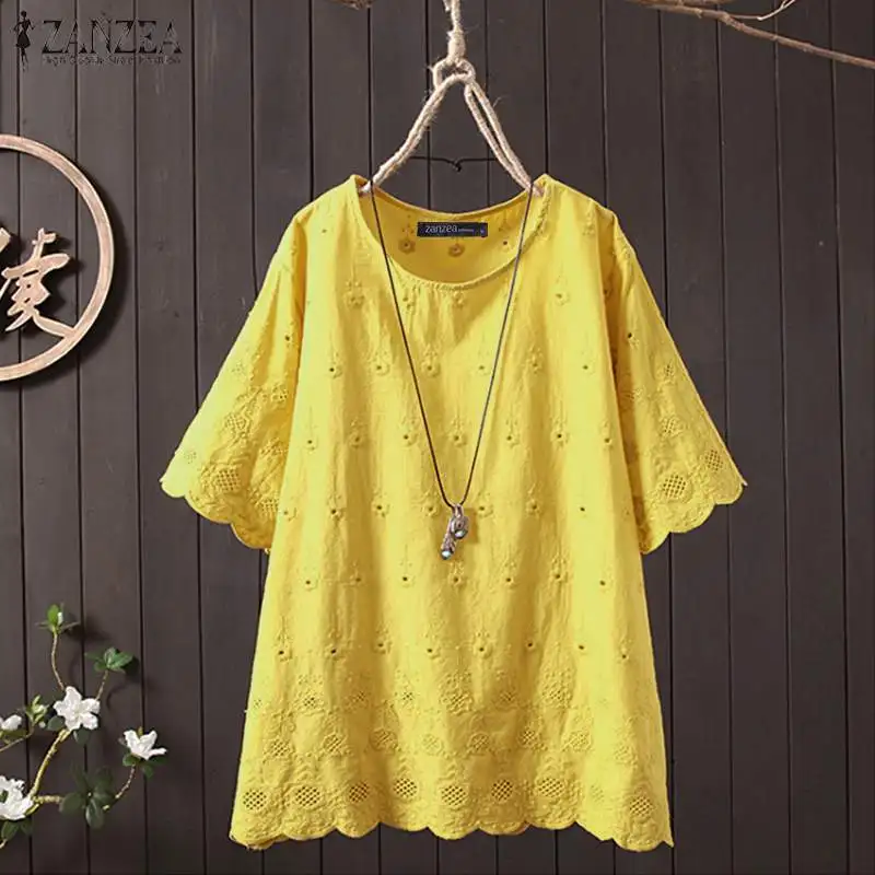 

ZANZEA Summer Hollow Out Tops Women Blouse Vintage Embroidery Short Sleeve Blusas Femininas Solid Cotton Linen Shirts Robe Femme