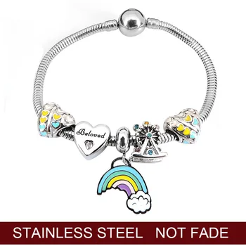 

Charms-Beads Bracelet Rainbow Silver Color Authentic Pandoras Jewelry-Making Ferris wheel & Heart Dangle For Women