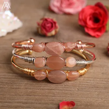

Silvery Rose Gold Copper Natural Sun Stone Slab Chip Beads Open Cuff Bangle Bracelet For Women Fashion Stone Beads Boho Jewelry