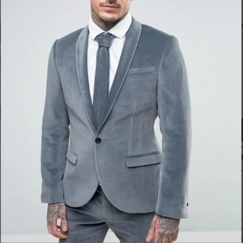 

Gray Velvet Shawl Lapel Classic Men's Suit 2 Pieces (Jacket + Pants + Tie) One Button Slim Fit Prom Blazer Masculino Groom 433