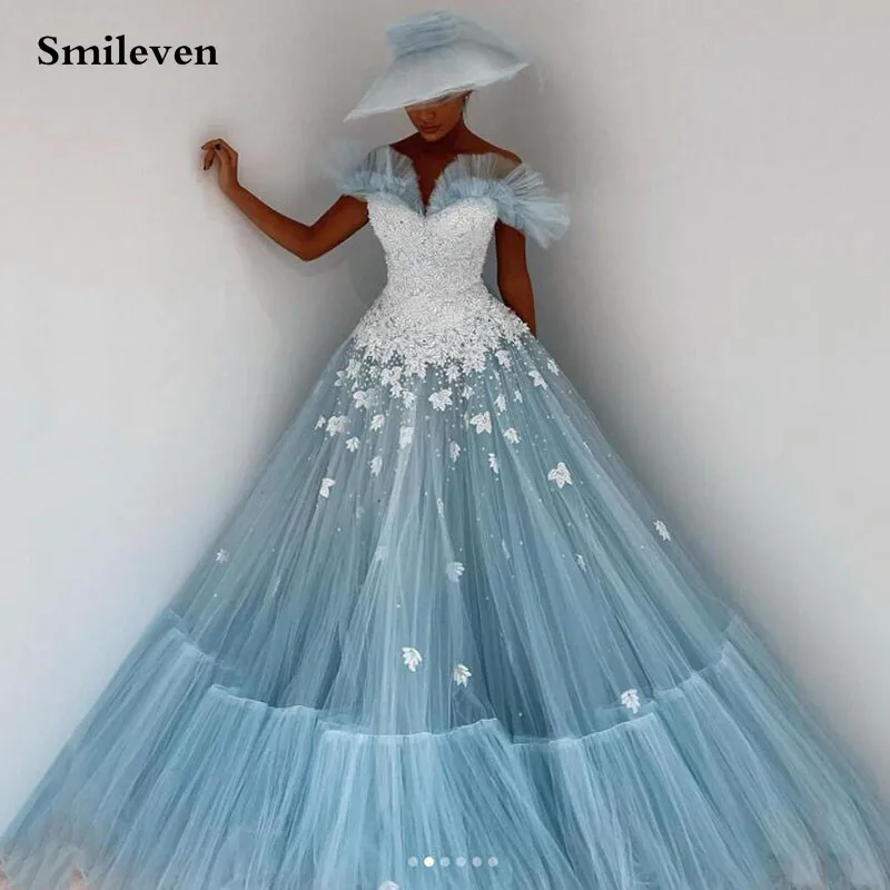 

Smileven пыльно-синее кружевное платье для выпускного вечера; Бальные платья с юбкой из тюля; Арабский стиль вечернее платье Vestido De Festa с открытыми плечами Длинные вечерние платья 2021