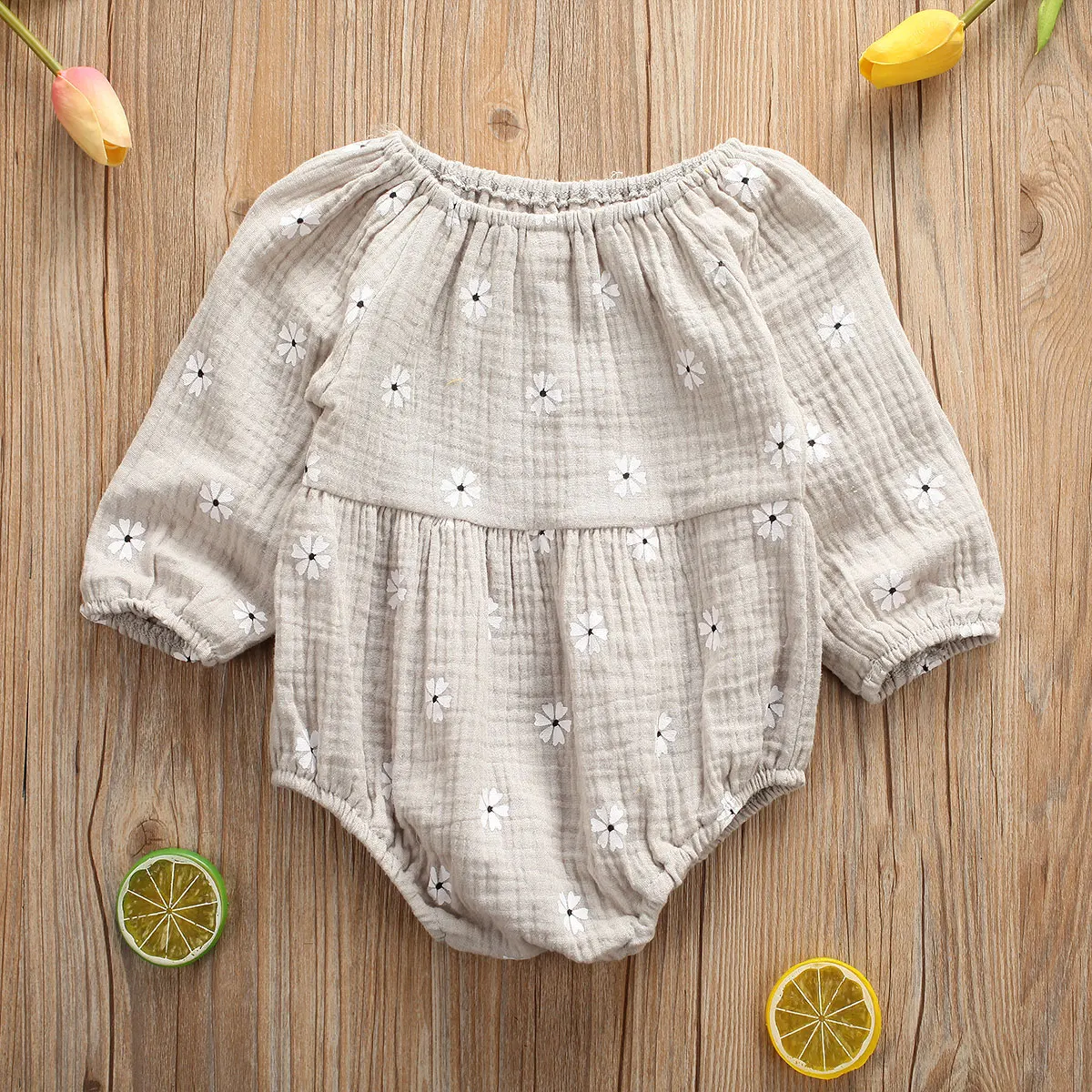 Хлопковый льняной комбинезон для новорожденных от 0 до 24 месяцев, комбинезон с длинными рукавами и цветочным рисунком для маленьких девочек, комплект одежды для маленького ребенка