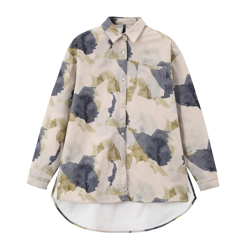 [EAM] Женская флисовая блуза большого размера с принтом, новая свободная рубашка с отворотом и длинным рукавом, модная весенняя осенняя одежда 20201M941 - Цвет: Picture color