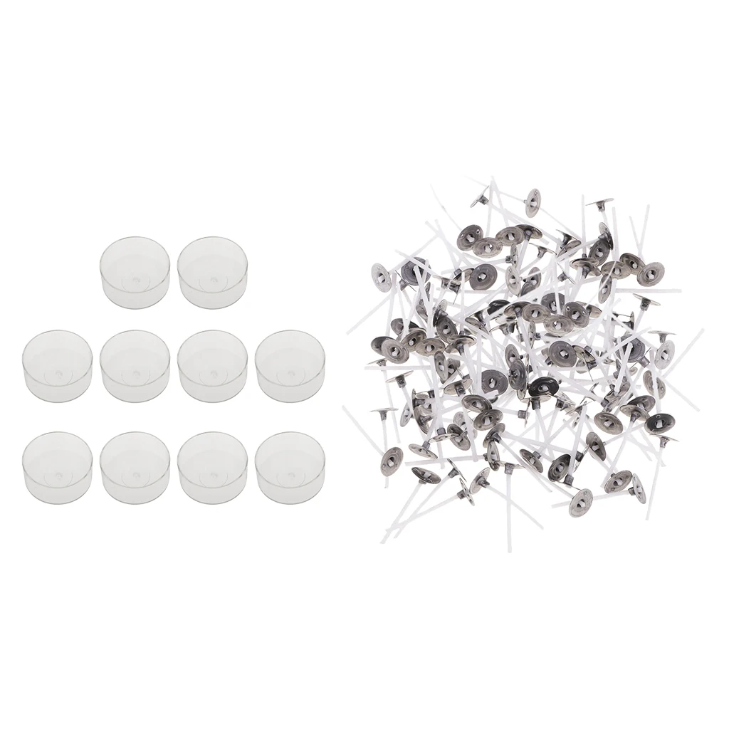 200x Pre-waxed Pre-tabbed Cotton Candle Wicks and 10 Pieces Plastic Clear Round Shape Tealight Cup Empty Case Candle Making Mold