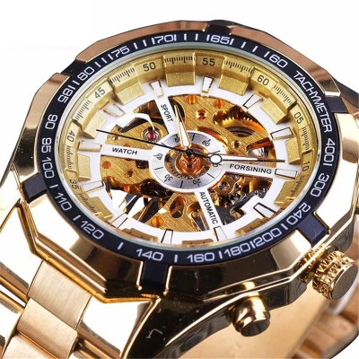 Winner Luxury Hollow Engraving Black Gold Case Leather Automatic Skeleton Mechanical Watches Men Luxury Brand Montre Homme Clock - Цвет: GoldWhite