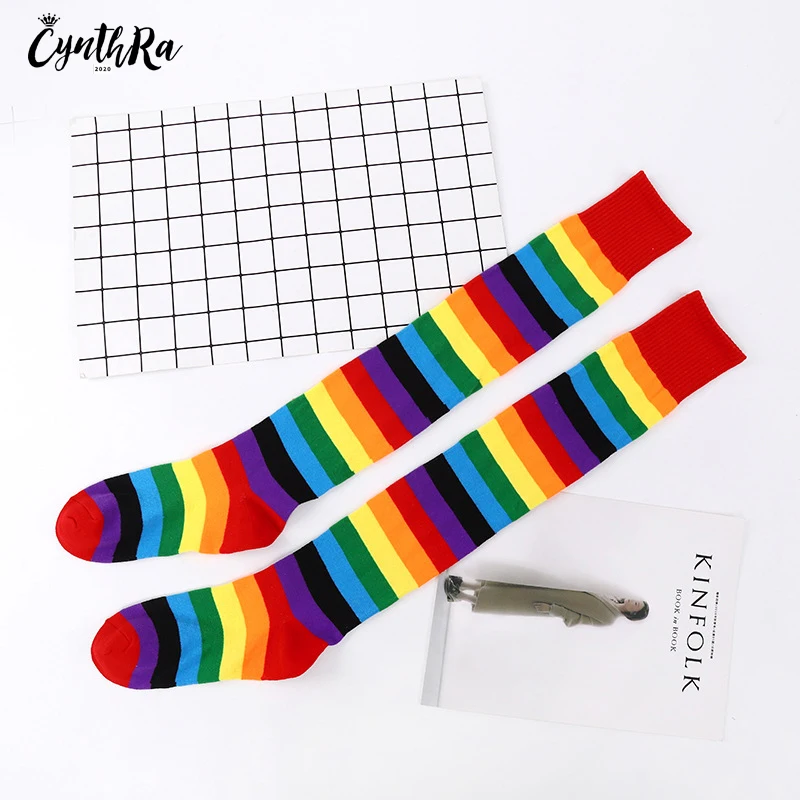 CYNTHRA Women's Socks Lady's Rainbow Stripe Over-the-Knee Sunscreen  Cotton Fashion Breathable Calcetines de mujer