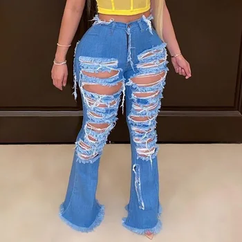 

NIBESSER 2020 Summer Denim Pants Women Retro Solid Sexy Hole Jeans Ripped Flare Trousers Street Skinny High Waist Lady Pants