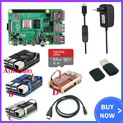 Raspberry Pi 4 modèle B, Kit Original avec boîtier en aluminium, dissipateur de chaleur, alimentation avec interrupteur 3A, compatible HDMI, Option carte 64 go 32 go, lecteur 
