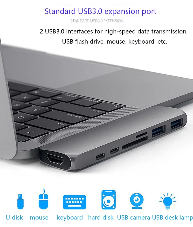 USB 3,1 Dual type-C к USB3.0 хаб+ SD/TF кард-ридер+ USB-C данных+ USB-C интерфейс Thunderbolt 3(Thunderbolt3)+ HDMI 4K для MacBook