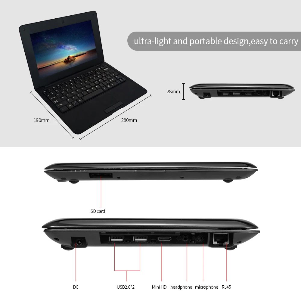 10.1inch Netbook Lightweight Portable Laptop ACTIONS S500 1.5GHz ARM Cortex-A9/Android 5.1/1G+8G/1024*600 Netbook US/EU Plug 4