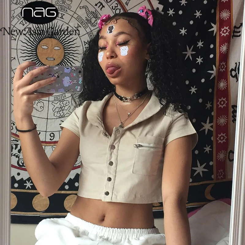 

NewAsia Pocket Sexy Shirt Women Short Sleeve Button Crop Top Solid Blouses Female Elegante Blusas Slim Shirts 2020 Streetwear