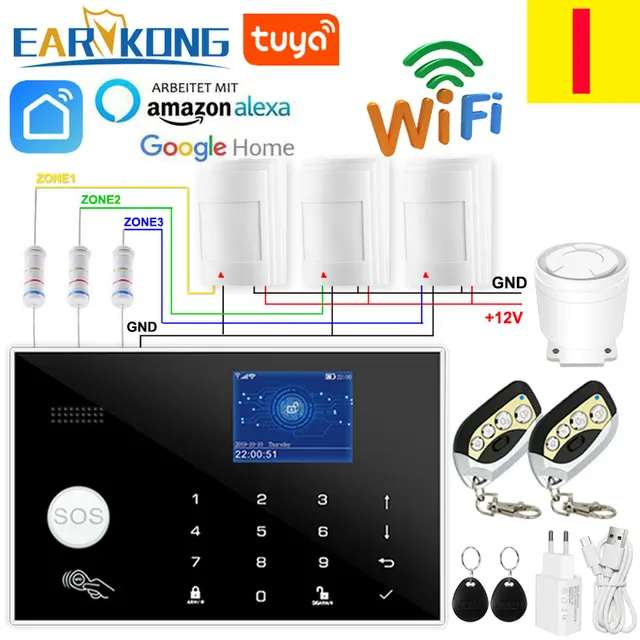 Wifi GSM Alarm System 433MHz Home Burglar Security Alarm Wireless Wired Detector RFID Touch Keyboard Temperature Humidity Alexa I