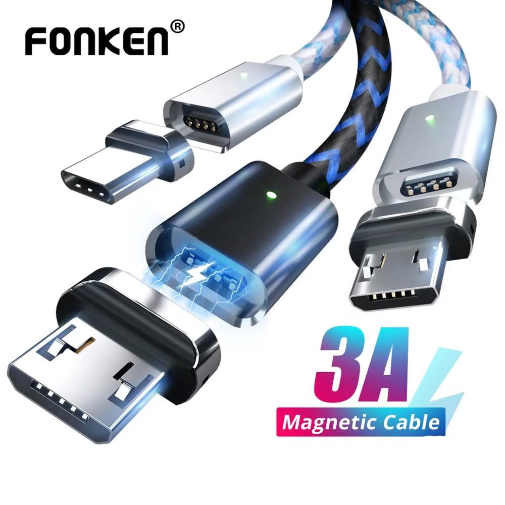 Магнитный кабель FONKEN usb type-C, 2 м, 2,4 А, магнитные usb-кабели для телефонов, быстрое зарядное устройство, USB type-C, зарядный провод, светодиодный шнур для зарядки мобильных телефонов